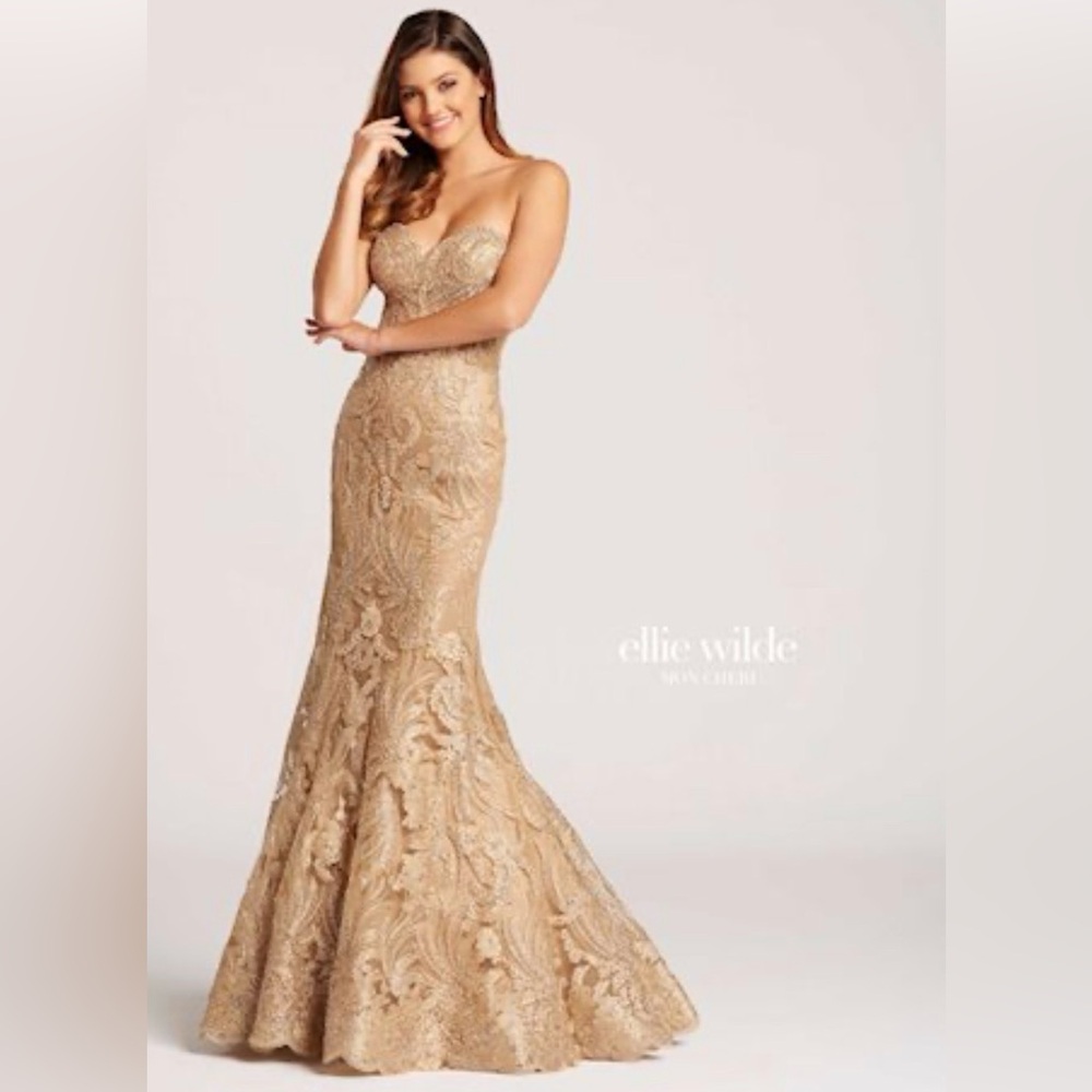 ellie wilde Gold Lace Mermaid Prom Dress
